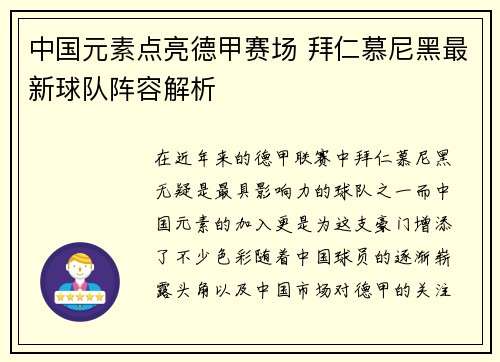 中国元素点亮德甲赛场 拜仁慕尼黑最新球队阵容解析